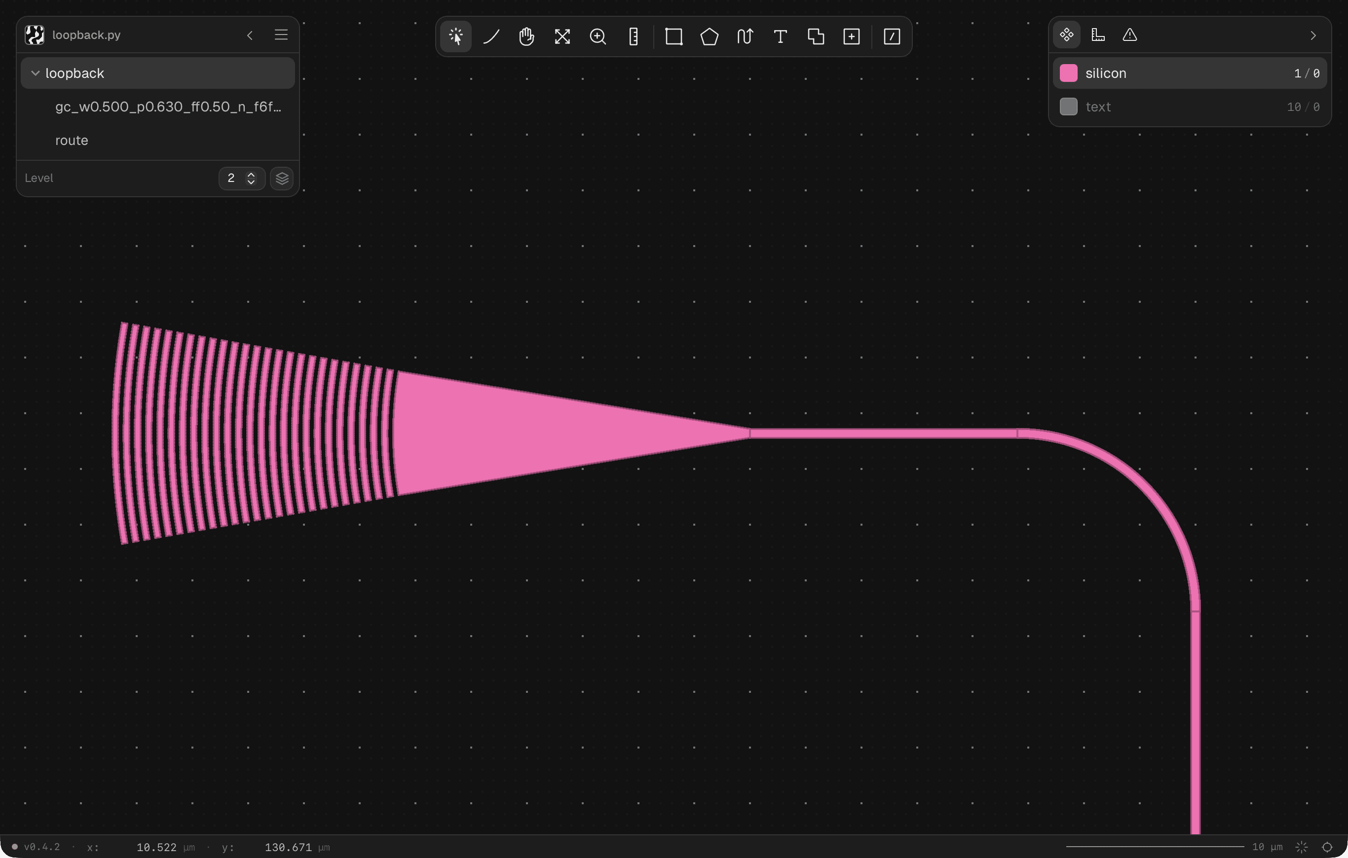 A grating coupler from the fiber loopback design, open in the Rosette editor