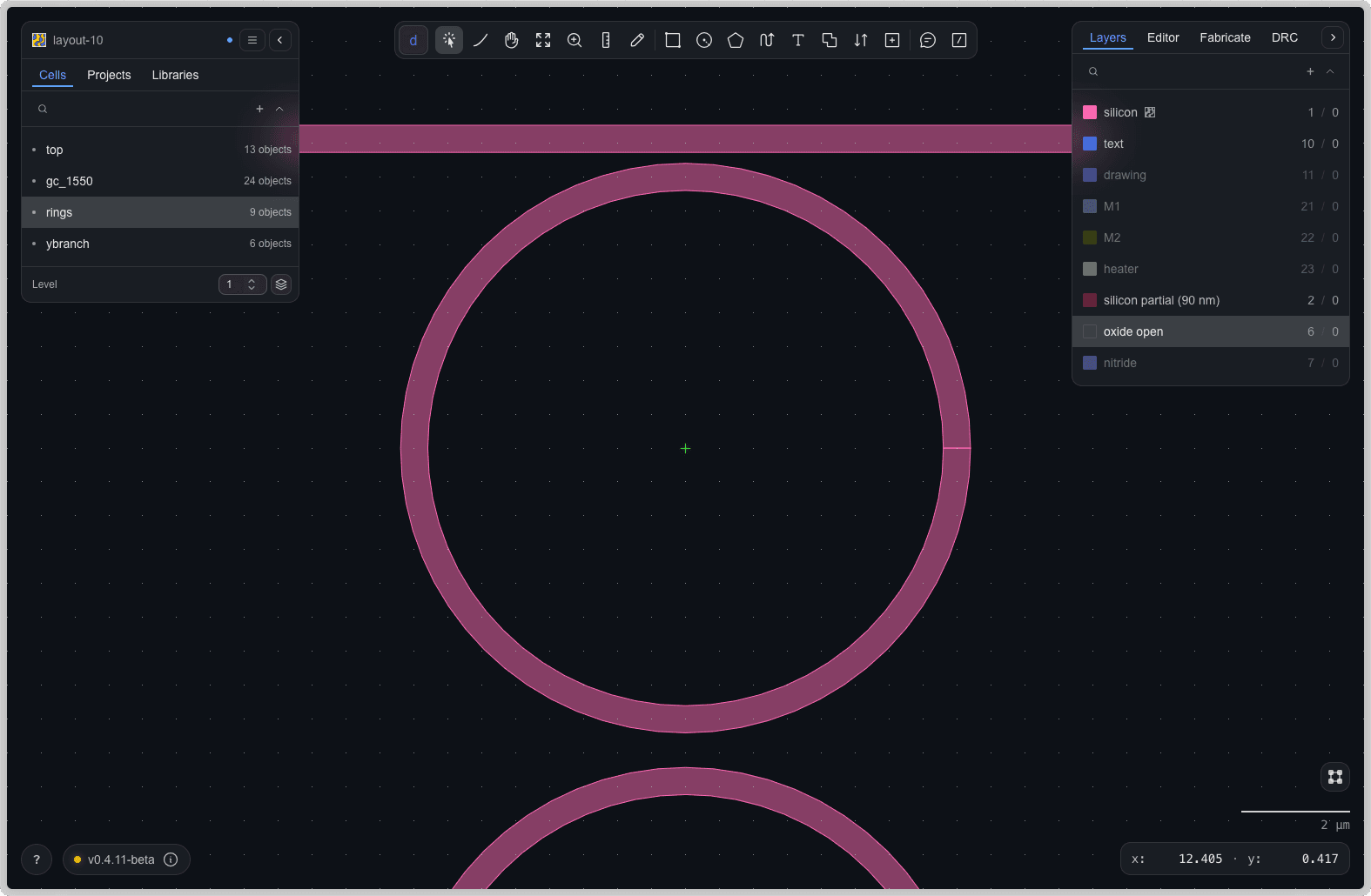 Rosette photonic design interface showing canvas, sidebar, and design tools